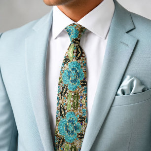 bohemian girly chic silver turquoise blue flower neck tie
