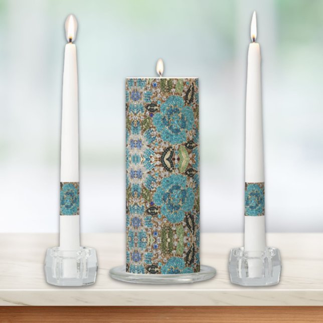 bohemian girly chic silver turquoise blue flower unity candle set (bohemian girly chic silver turquoise blue flower unity candle set)
