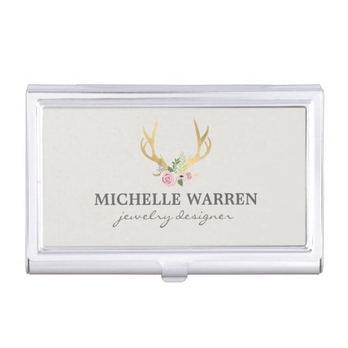 Bohemian Gold Antlers with Flowers II Personalized Business Card Holder