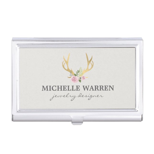 Bohemian Gold Antlers with Flowers II Personalized Business Card Holder (Front)