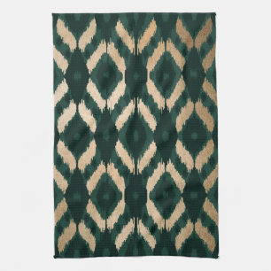 Bohemian Gold Forest Green Ikat Pattern Kitchen Towel