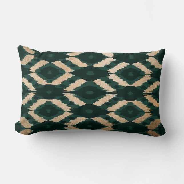 Bohemian Gold Forest Green Ikat Pattern Lumbar Pillow (Front)