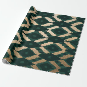 Bohemian Gold Forest Green Ikat Pattern Wrapping Paper