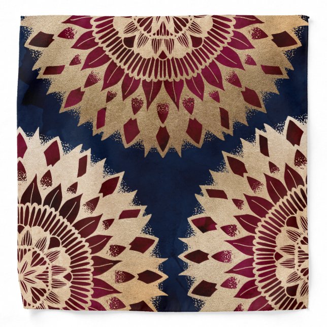 Bohemian Gold Navy Burgundy Hand Drawn Mandala Bandana (Front)