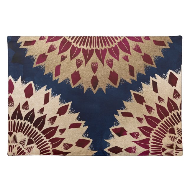 Bohemian Gold Navy Burgundy Hand Drawn Mandala Cloth Placemat (Front)
