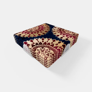 Bohemian Gold Navy Burgundy Hand Drawn Mandala Coaster Set