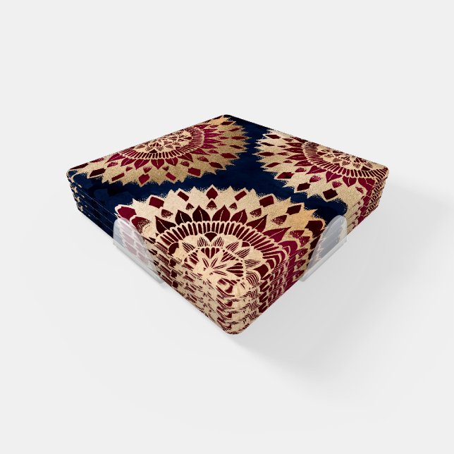 Bohemian Gold Navy Burgundy Hand Drawn Mandala Coaster Set (Set)