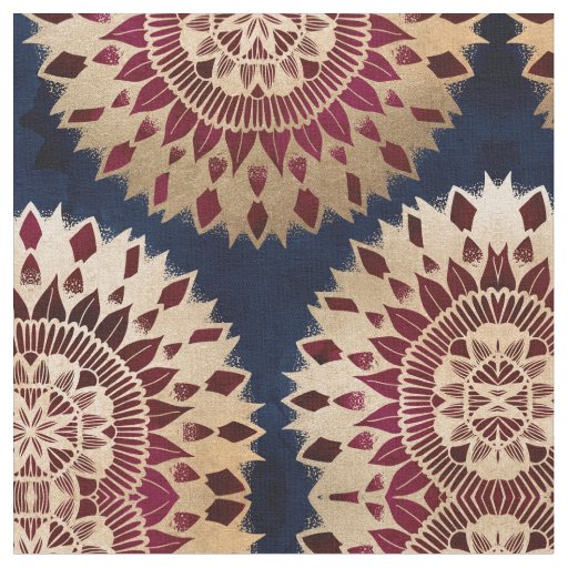 Bohemian Gold Navy Burgundy Hand Drawn Mandala Fabric