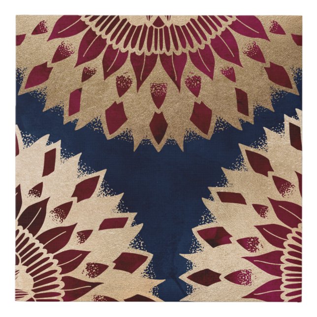 Bohemian Gold Navy Burgundy Hand Drawn Mandala Faux Canvas Print (Front)
