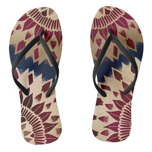 Bohemian Gold Navy Burgundy Hand Drawn Mandala Flip Flops