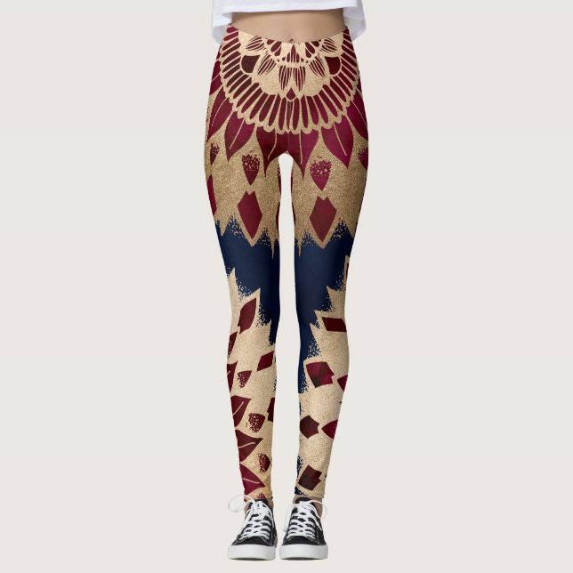 Bohemian Gold Navy Burgundy Hand Drawn Mandala Leggings (Front)