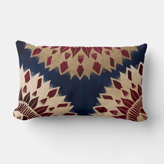 Bohemian Gold Navy Burgundy Hand Drawn Mandala Lumbar Pillow (Front)