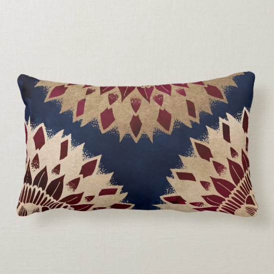 Bohemian Gold Navy Burgundy Hand Drawn Mandala Lumbar Pillow