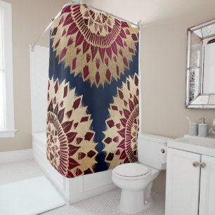Bohemian Gold Navy Burgundy Hand Drawn Mandala Shower Curtain