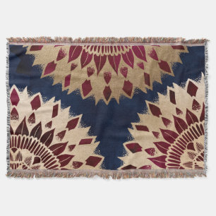 Bohemian Gold Navy Burgundy Hand Drawn Mandala Throw Blanket