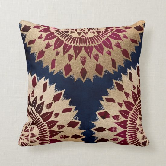 Bohemian Gold Navy Burgundy Hand Drawn Mandala Throw Pillow