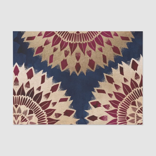 Bohemian Gold Navy Burgundy Hand Drawn Mandala Tissue Paper (Front)