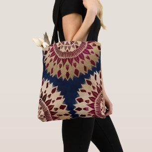 Bohemian Gold Navy Burgundy Hand Drawn Mandala Tote Bag