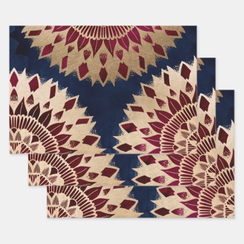 Bohemian Gold Navy Burgundy Hand Drawn Mandala Wrapping Paper Sheets