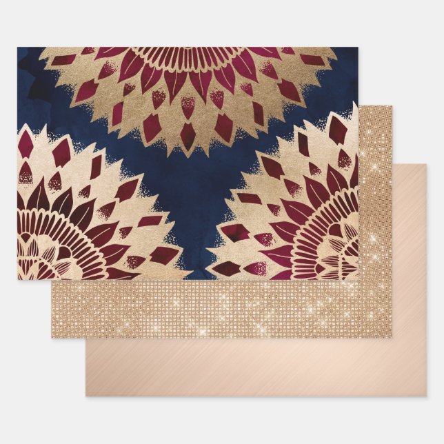 Bohemian Gold Navy Burgundy Hand Drawn Mandala Wrapping Paper Sheets (Set)
