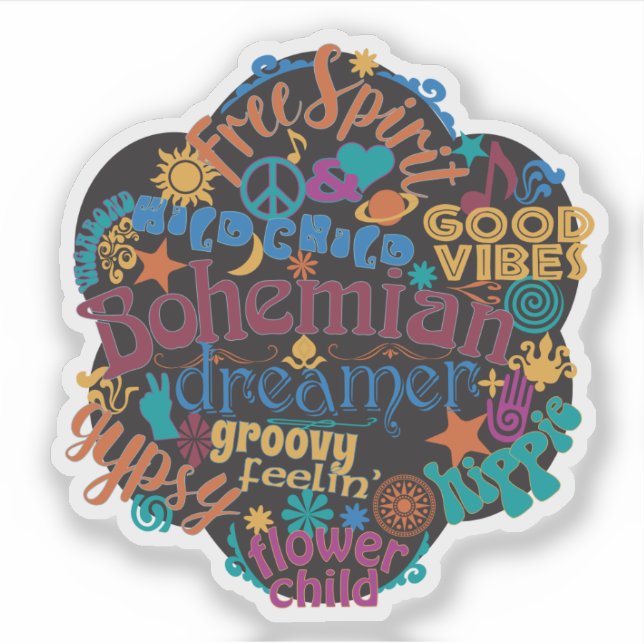 Bohemian Good Vibes Word Cloud Sticker (Front)