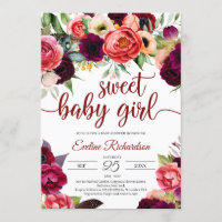 Bohemian gorgeous boho burgundy floral baby shower invitation