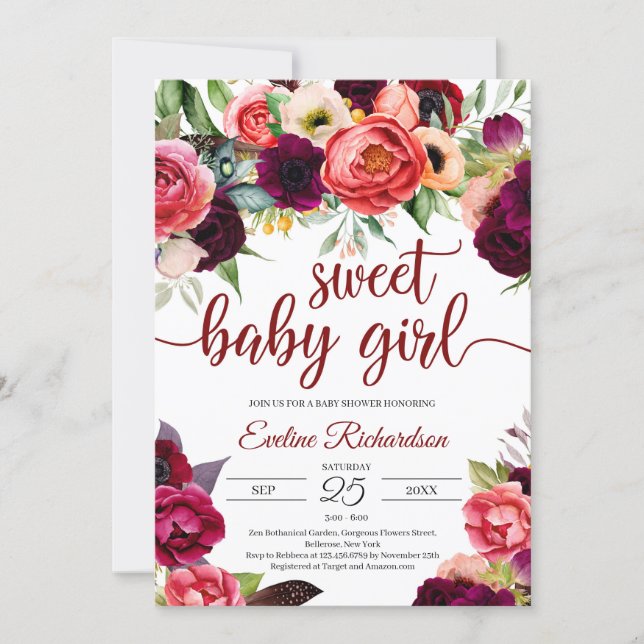 Bohemian gorgeous boho burgundy floral baby shower invitation (Front)