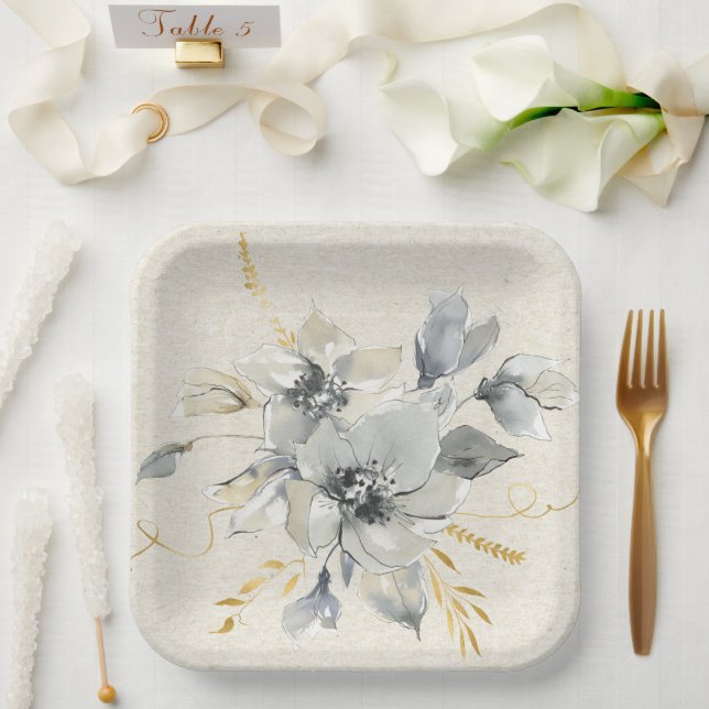 Bohemian Gray Floral Paper Plate  (Wedding)