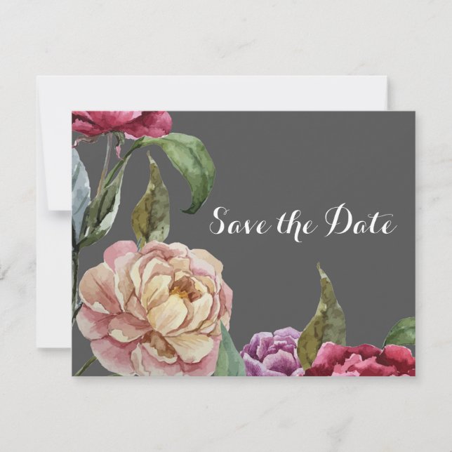Bohemian Gray & Purple Floral Save the Date Cards (Front)