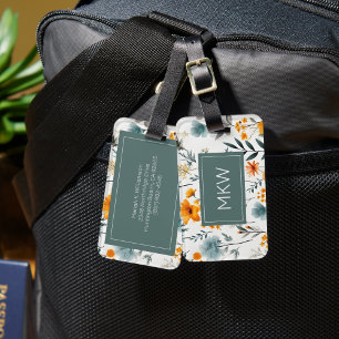 Bohemian Gray, Sage & Gold Floral Monogram Luggage Tag