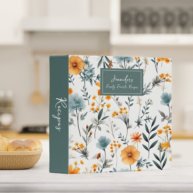 Bohemian Gray, Sage & Gold Floral Monogram Recipe 3 Ring Binder (Creator Uploaded)