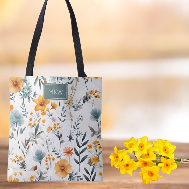 Bohemian Gray, Sage & Gold Floral Monogram Tote Bag (Creator Uploaded)