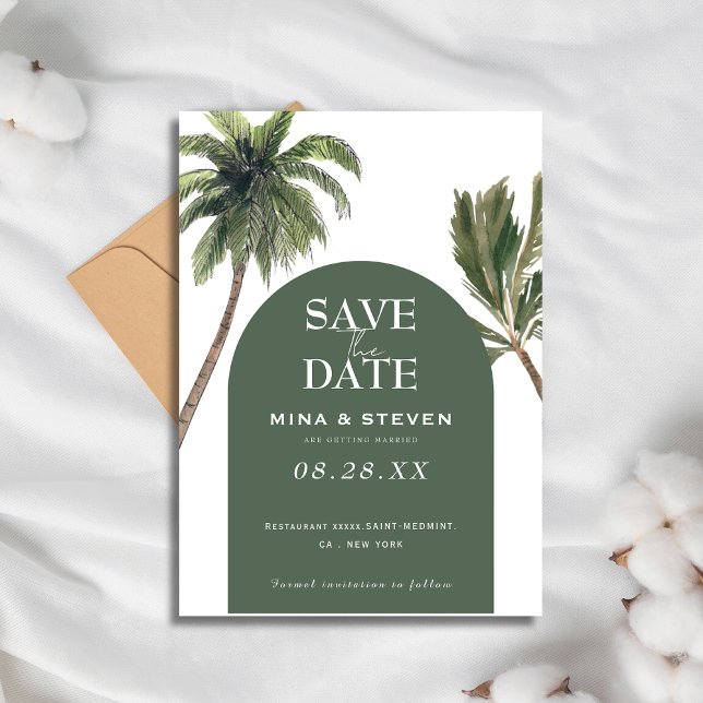Bohemian Green arch palm tree wedding Save The Date (Creator Uploaded)