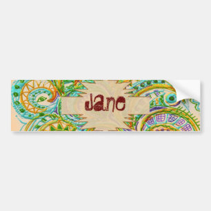 Bohemian Green Doodle Pattern Name Sticker