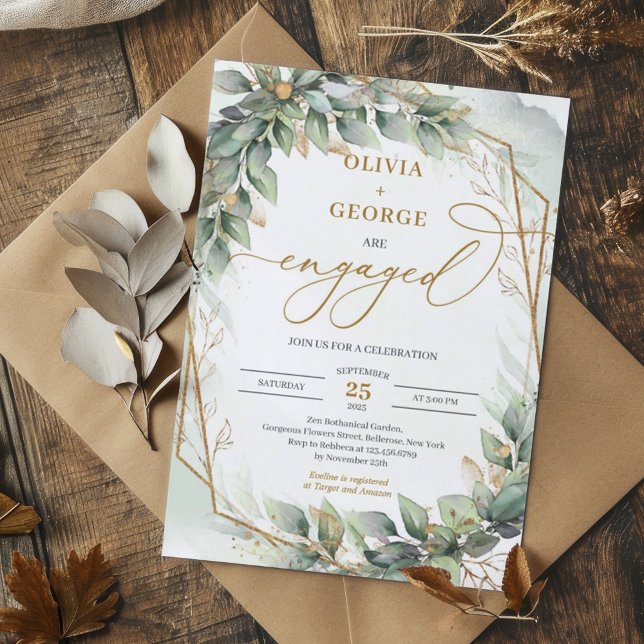 Bohemian green eucalyptus and gold engagement invitation (Watercolor eucalyptus leaves and gold frame engagement invitation digital )
