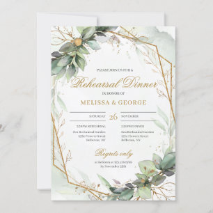 Bohemian green eucalyptus and gold rehearsal invitation