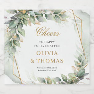 Bohemian green eucalyptus and gold wedding sparkling wine label