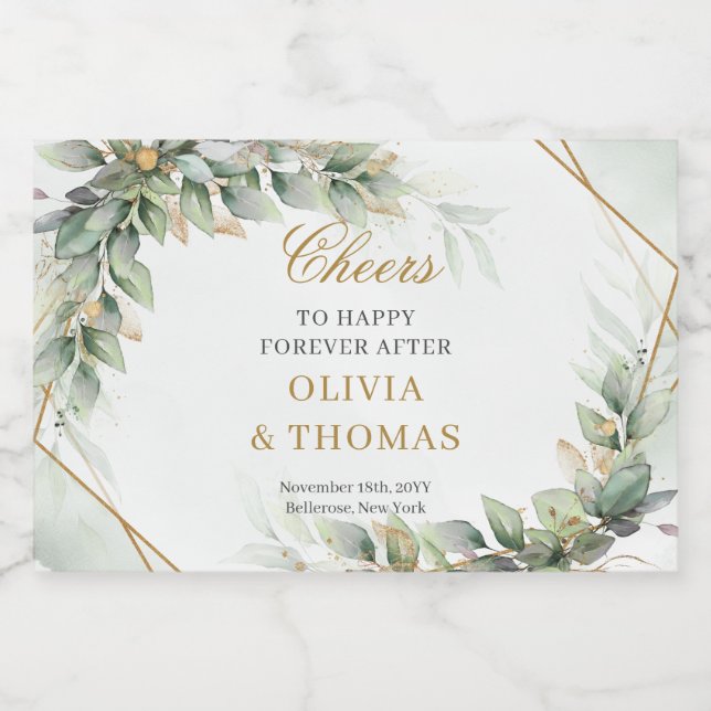 Bohemian green eucalyptus and gold wedding sparkling wine label (Single Label)