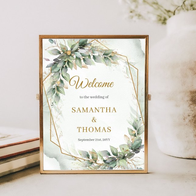 Bohemian green eucalyptus and gold wedding welcome poster (Bohemian green eucalyptus and gold wedding welcome tabletop sign)