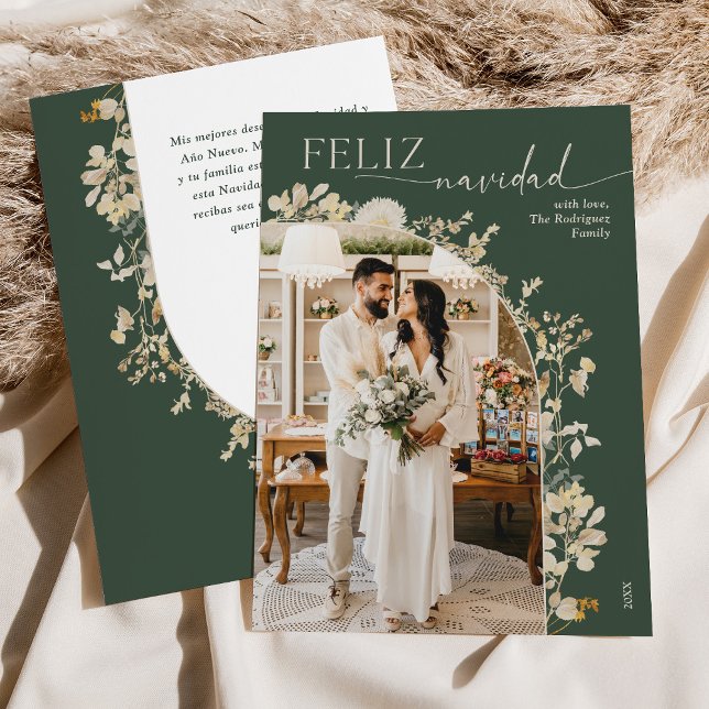 Bohemian Green Family Photo Feliz Navidad Cards (Creator Uploaded)