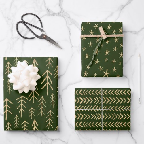 Bohemian Green Gold Winter Pattern Wrapping Paper Sheets