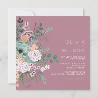 Bohemian Green & Mauve Chic Floral Flowers Invitation
