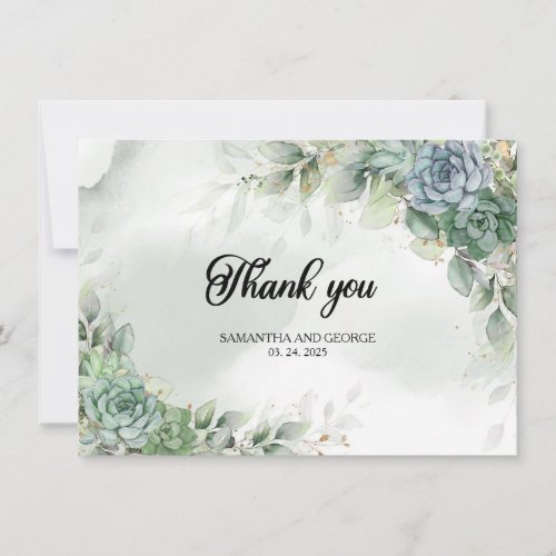 Bohemian green succulents and eucalyptus wedding thank you card