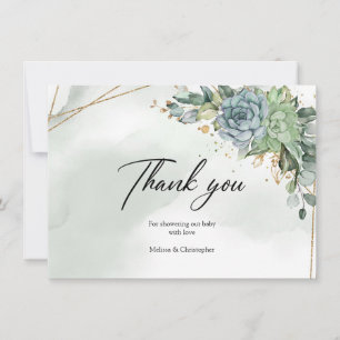 Bohemian green succulents eucalyptus foliage gold thank you card