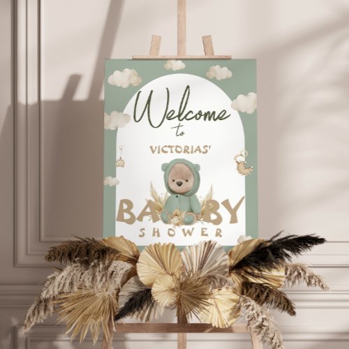 Bohemian Green Teddy Bear Pampas Floral Welcome Foam Board