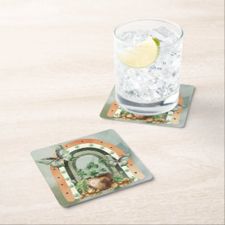 Bohemian Green Watercolor Rainbow Illustration Square Paper Coaster