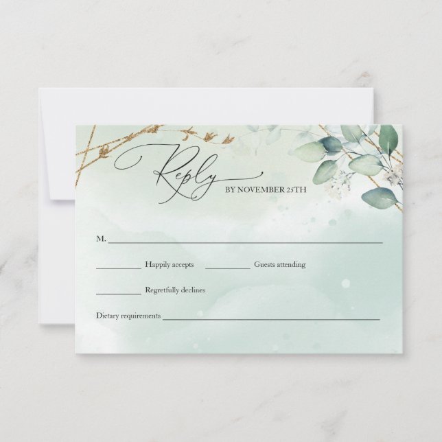 Bohemian Greenery folaige gold Geometric Frame RSVP Card (Front)