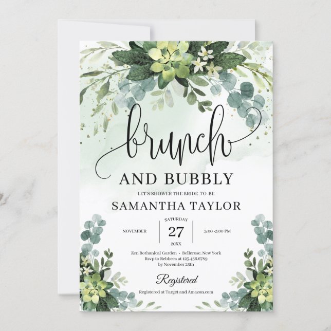 Bohemian greenery succulent brunch and bubby invitation (Front)
