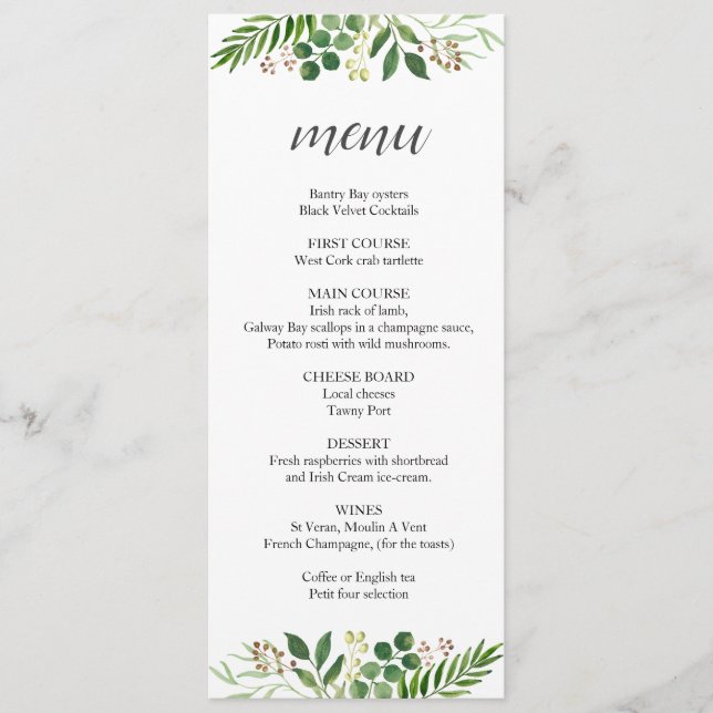 Bohemian greenery tea length wedding menu (Front)