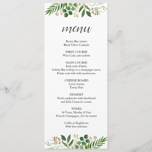 Bohemian greenery tea length wedding menu